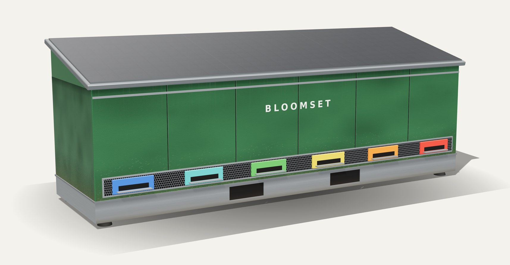 Jednotka Bloomset: zelené tělo, solární panel na střeše, šest barevně odlišených česen a hliníková základna s kapsami pro vidle